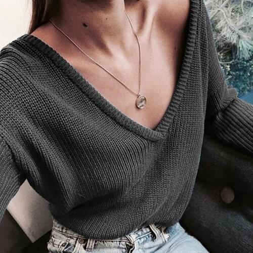 Autumn Winter sweaters women Solid Color Knitted Sweater Deep V Neck Jumpers Pullover plus size fashion sexy knitted top