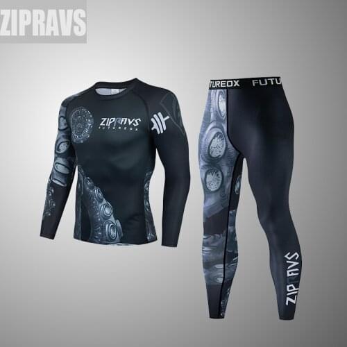 ZIPRAVS Mens Running Wear Compression T-shirt + Pants Sports Long Sleeve T-shirt Fitness Rash guard Mens Gym Tights Tight Set