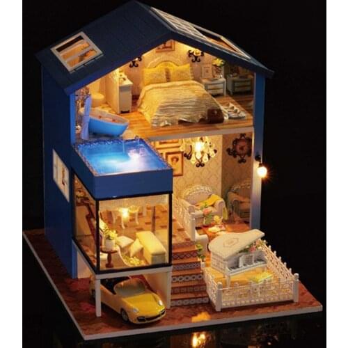 1/24 DIY Miniature Seattle Style Dollhouse Kits with Furniture LED Light Model Kids Gift