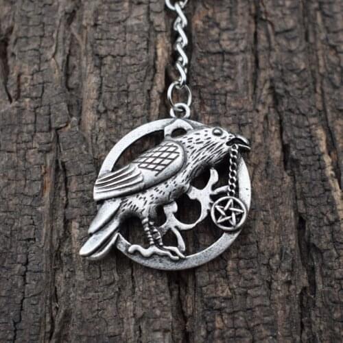 12pcs Norse Raven Crow Pentagram Keychain Wicca Pagan Animal Keyring Amulet