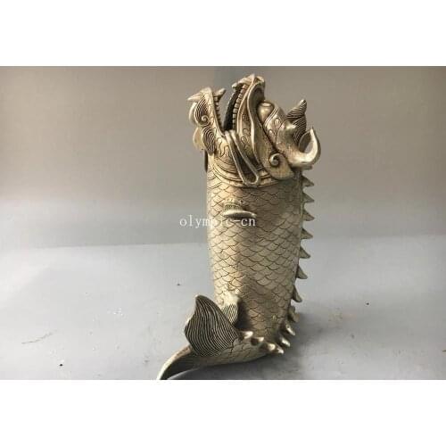 8'' tibetan bronze silver carved animal dragon unicorn head fish body censer