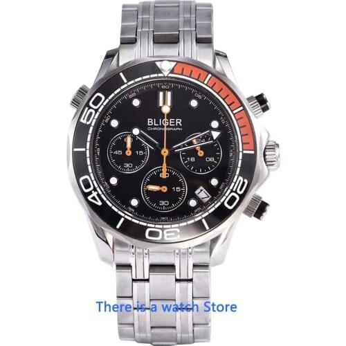 Bliger 41mm Mens Watch VK Quartz Sapphire Glass Luminous Waterproof Date Sport Chronograph Function Wristwatch Men