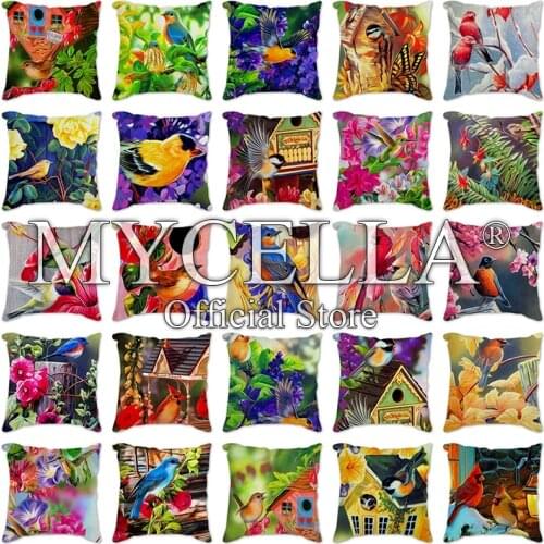 Colorful flowers and birds Cushion Covers Christmas Decorative Pillowcase Sofa Car Home Decor Linen Throw Pillow Case 45x45cm