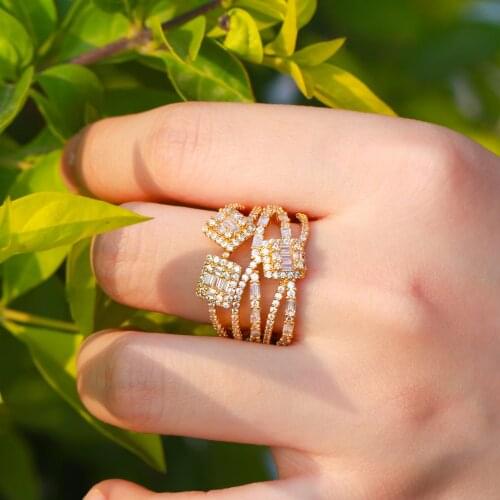 CWWZircons Cross Geometric Multi Layer Cubic Zirconia Wide Big Open Ring for Women Yellow Gold Color Bridal Wedding Jewelry R195