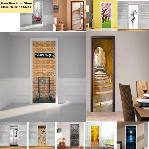 Home Design Decor Wallpaper Self-adhesive Vinyl Poster Wall Decal MuralsCreative 3D Vision Door Sticker For Living Room Bedroom
