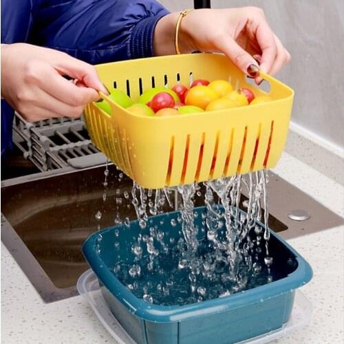 Double Drain Basket with Lid Washing Kitchen Refrigerator Strainer Vegetable Fruit Dry Storage Double-layer Sink Filter Shelves