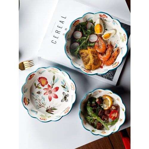 Japanese style hand-painted ceramic bowls and plates household fruit salad rice bowl large porcelain petals tableware CE / EU