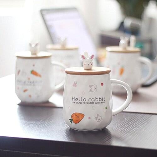 Coffee Mugs Coffee Cups 450ml Cartoon Ceramics Rabit Mug with Lid Spoon Milk Tea Mugs Breakfast Cup Drinkware Novelty Gifts