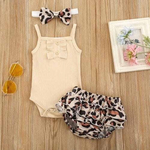 0-18M Newborn Baby Girls Sleeveless Romper + Culottes + Bow Headdress, Leopard Print Cool Summer Clothing