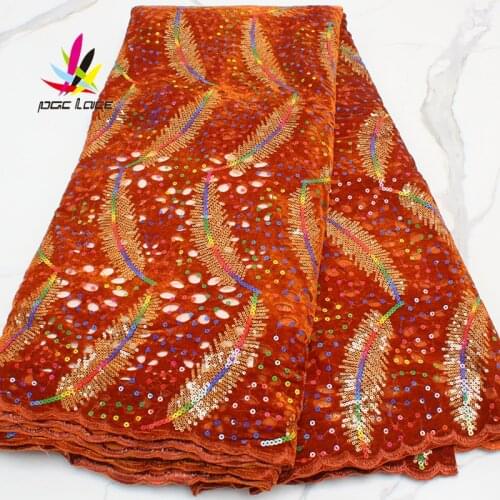 Sequence Velvet Lace Fabric with Sequins 2021 Orange Velvet French Mesh for Nigerian Wedding Party Dresses 2021