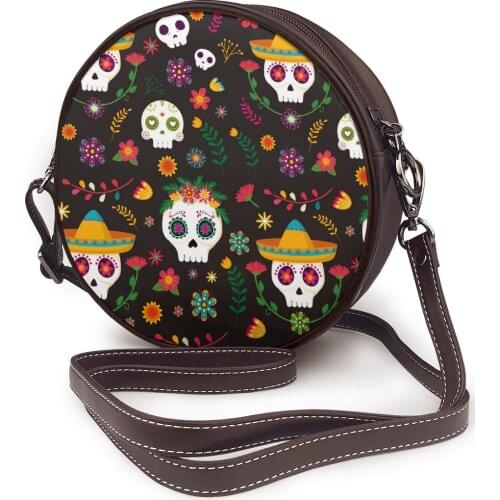 2021 Summer Womens Fashion Small round Bag Dia De Muertos Skull Flowers Shoulder Bag Messenger Crossbody Bag Phone Coin Purse
