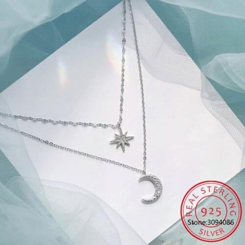 Fashion 925 Sterling Silver Star Moon Double layer Necklace Zircon Pendant Necklaces for Women Fine Jewelry Accessories