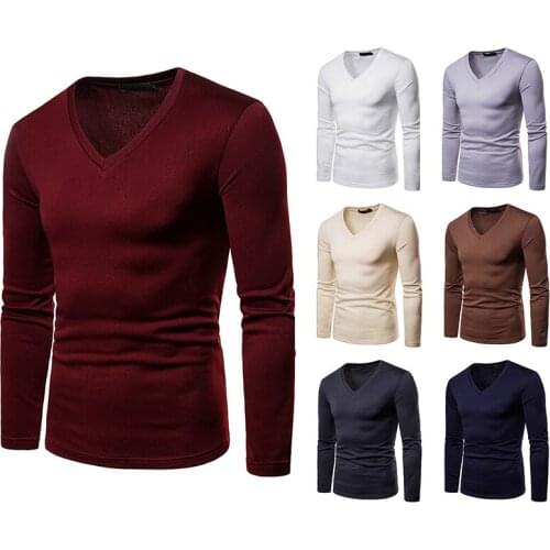 Mens sports T-shirt Casual slim solid color V-neck long-sleeved T-shirt pullover bottoming shirt best seller