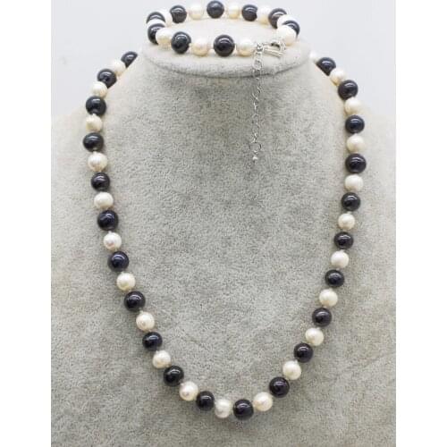One set freshwater pearl white/black 8-10mm near round necklacebracelet wholesale 18inch FPPJ nature beads gift