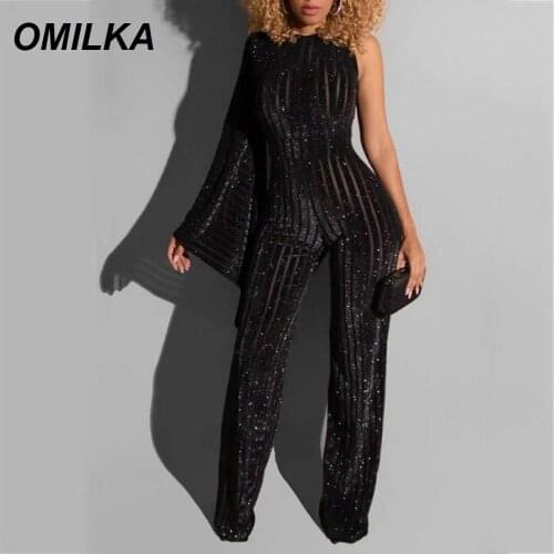 OMILKA One Shoulder Flare Sleeve Corduroy Rompers and Jumpsuits 2020 Autumn Women Back Zipper Bodycon Striped Club Overalls