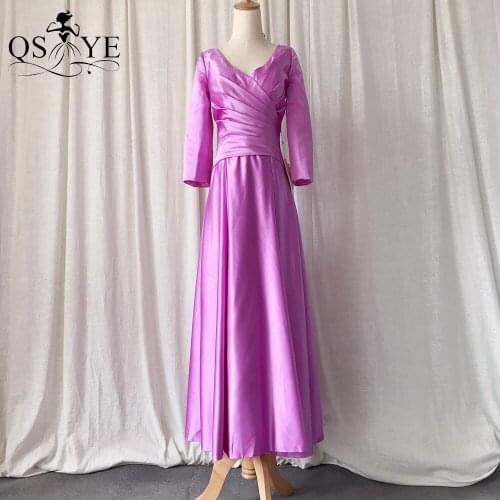 Fuchsia Prom Dresses Satin Long Evening Gown V Neck Formal Dress Long Sleeves Party Dress Ruched Semi A Line Vestido Tea Length