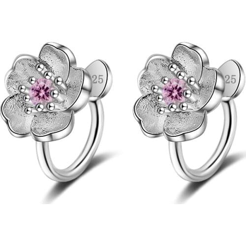 Romantic Cherry Blossoms No Hole Ear Clips 925 Sterling Silver Flower Clip Earrings For Women