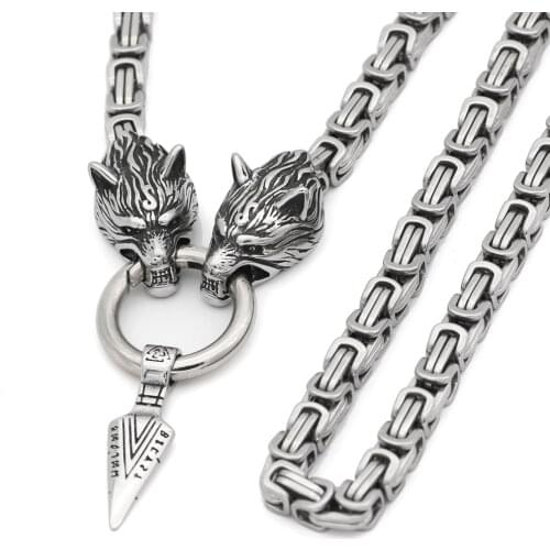 Nordic viking wolf with odin sword Gungnir necklace Stainless steel for men -king chain with valknut gift bag