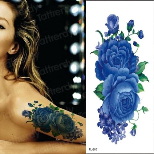 Blue purple flower tattoos to cover scars temporary tattoo sticker flower fake tatoo waterproof peony rose tattoo arm sleeves
