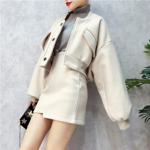 2021Women High Waist Irregular Streetwear Coat Female Cloak Tunic Bat Sleeve Woolen Short Loose Autumn Spring Jacket With Skirt