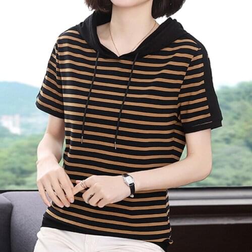 2021 Summer Clothes For Women Cotton Short Sleeve T-Shirts Basic White Stripe Tops Female Fashion Hooded Casual Ladies Clothing