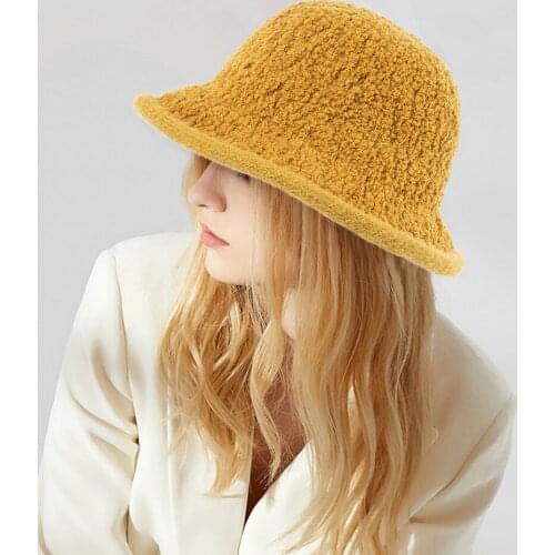 2020 Women Hat Knitting Fisherman Hat Female Cashmere Knitted Hat Autumn and Winter Fedoras Yellow Soild Flat Barry.Wang