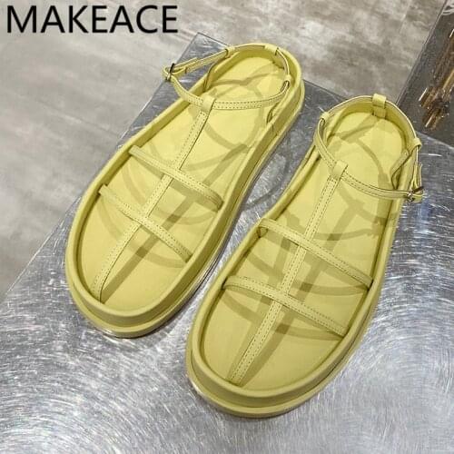 2021 New Summer Gladiator Sandalias Thick sole Round Toe Summer Sandals Woman Narrow Band Beach Shoes Summer Shoes Woman yellow