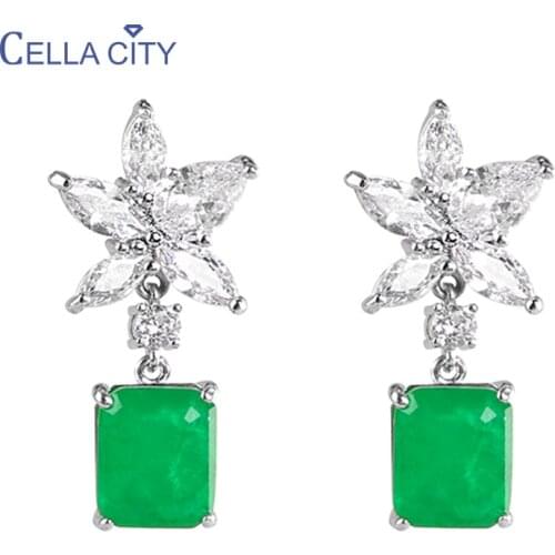 Cellacity Classic 925 sterling silver earrings for women with emerald gemstones flower shape 5a zircon female fine jewelry gift
