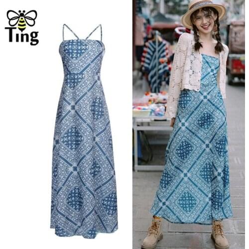 Tingfly Women Summer Casual Bohemian Long Dress Spaghetti Strap Floral Sexy Open Back Lace Up Boho Dress Brandy Street Robes Za