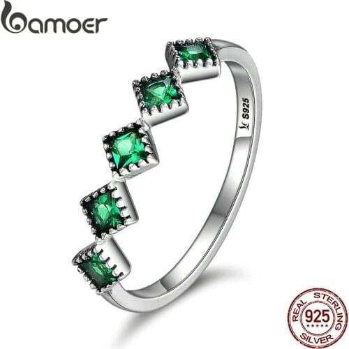 BAMOER High Quality 925 Sterling Silver Stackable Square Green CZ Finger Rings for Women Wedding Engagement Jewelry Gift SCR097