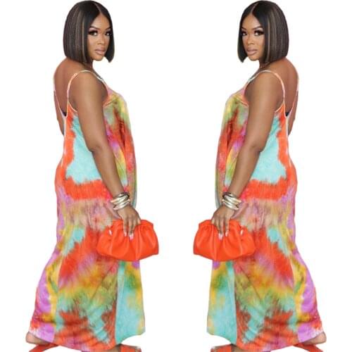 European and American womens new summer beach loose tie-dye suspender dress with big swing skirt with pocket fairy clothes