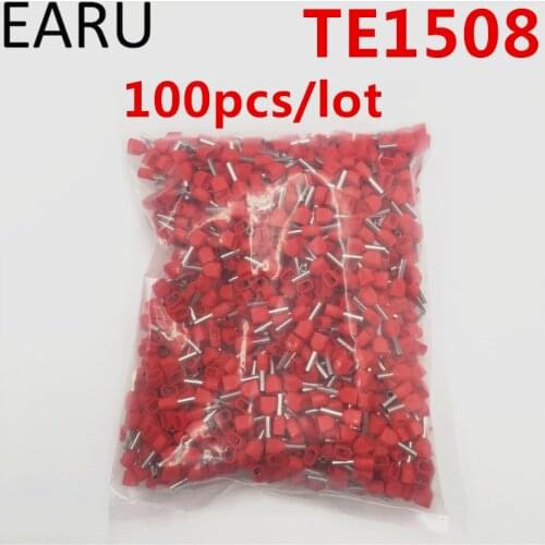 100PCS E Tube TE1508 Type Double Pipe Insulated Twin Cord Cold-press Terminal Block Connector Needle End Multicolor 2X1.5 mm2