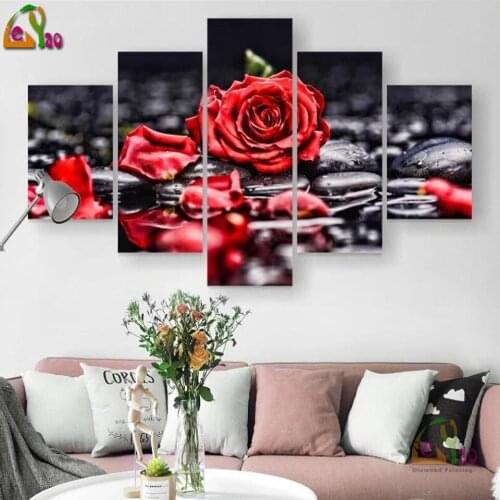 5d DIY Diamond Painting Full 5 Pieces Red Rose Diamond Embroidery Beautiful Flowers Illustration Handmade Hobby Wall Decor