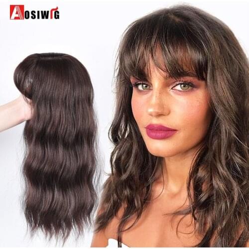 AOSIWIG Long Water Ripple Wig With Bangs Replacement Block Synthetic Dark Light Brown Black Wavy Hair Cover White Hair Extension
