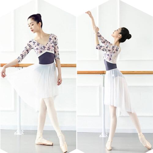 Adult Female Print Gymnastics Dance Dress Body Suit Art Examination Body Training Middle Sleeve Leotards Ballet Practice Uniform