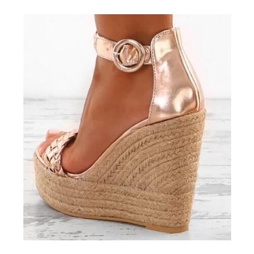 Wholesale Champagne Metallic Leather Wedge Sandals Weave Braid Platform Ladies Summer Dress Shoes Buckle Strap Ladies Wedge Shoe
