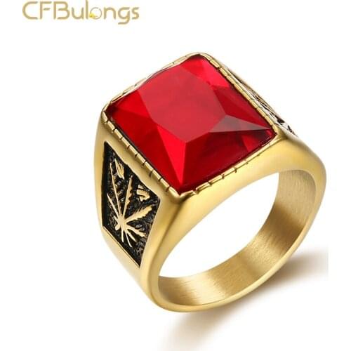 CFBulongs Fashion Mens Square Red Zircon Ring 316L Stainless Steel Retro Rock Male Jewelry Christmas Party Gift