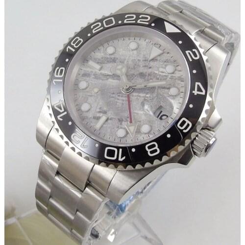 40mm Grey Dial red GMT Hand Autoamtic Wristwatch Sapphire Crystal Date Function Mental Bracelet Black Rotating Bezel