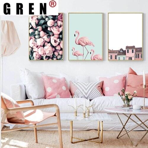 GREN Nordic Pink Flamingo Peony Flower House Ocean Canvas Painting Wall Art Print Poster Picture Modern Living Room Decor