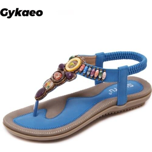 Gykaeo 2020 Summer Female Fashion Sandals Bohemia Flat with String Beads Large Size Sandals Women Fashion Casual Beach Shoes