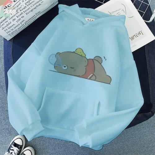 Kawaii Streetwear Animal Trio Print Sweatshirts Hoodies Women Hoodie Blue Friends Loose Casual Oversize Pullovers Korean Style