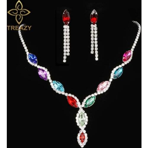 TREAZY 5 Colors Leaf Tassel Crystal Bride Bridal Jewelry Set For Women Necklace Earrings Sets Wedding Party Jewerlry Accessories