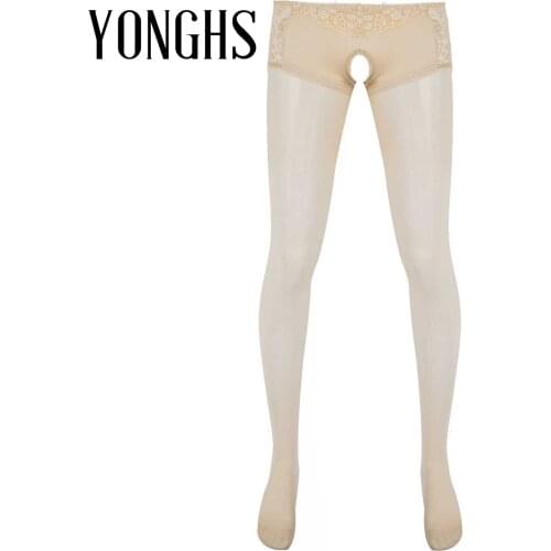 Mens Lingerie Crotchless Pantyhose Sheer Stockings Stretchy Long Pants Sissy Sock Hosiery See Through Lace Patchwork Leggings