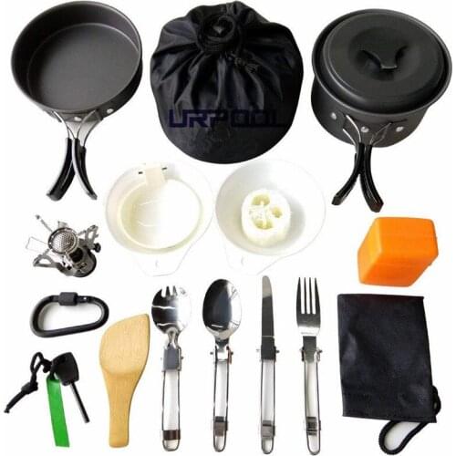 19PCs Camping Cookware Mess Kit Durable Pot Pan Bowls & Folding Knife Nylon Bag Non-stick Aluminum Cookset &Utensils for Picnic
