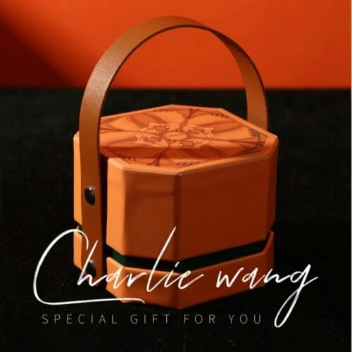 Octagon Orange Gift Biox with PU Leather Handle Luxury Gift Present Packaging Boxes Wedding Party Favors Box