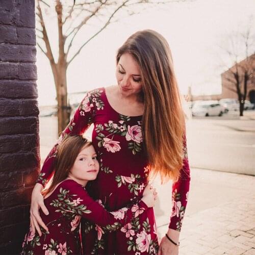 Family Matching Outfits Autumn Floral Slim Fit Long Sleeved Parent Child Mother Daughter Dress Skirt Womens Mommy Girls Clothes