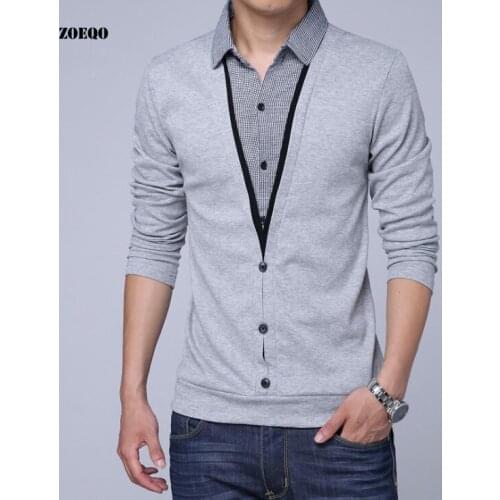 Autumn Thick Casual Men T-shirt Turn-down Fake Two Mens T-shirts Knitted Male Tee Shirt Turn-Down Collar Cotton T shirt M-5XL