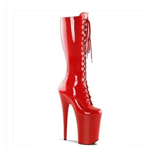 Sexy Black Red Patent Leather High Platform Knee High Boot Round Toe 20 cm Thin Heel Lace-up Women Long Boots Night Club shoes w