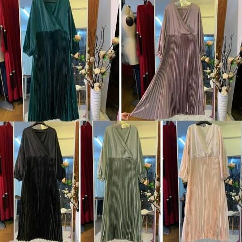 Abaya Dubai Turkish Long Dress Pleated Muslim Women Arab Jilbab Middle East V-neck Maxi Robe V-neck Patchwork Long Sleeve Autumn