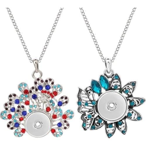 Hot Flower Pendant Metal Rhinestone Crystal 18MM Snap Button Necklace For Women DIY Jewelry Gifts Dropshipping